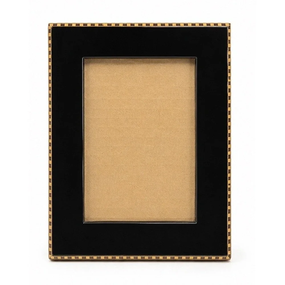 Black Lacquer 4x6 Picture Frame Gold Checkerboard Inlay Wood Easel Tabletop 8x10